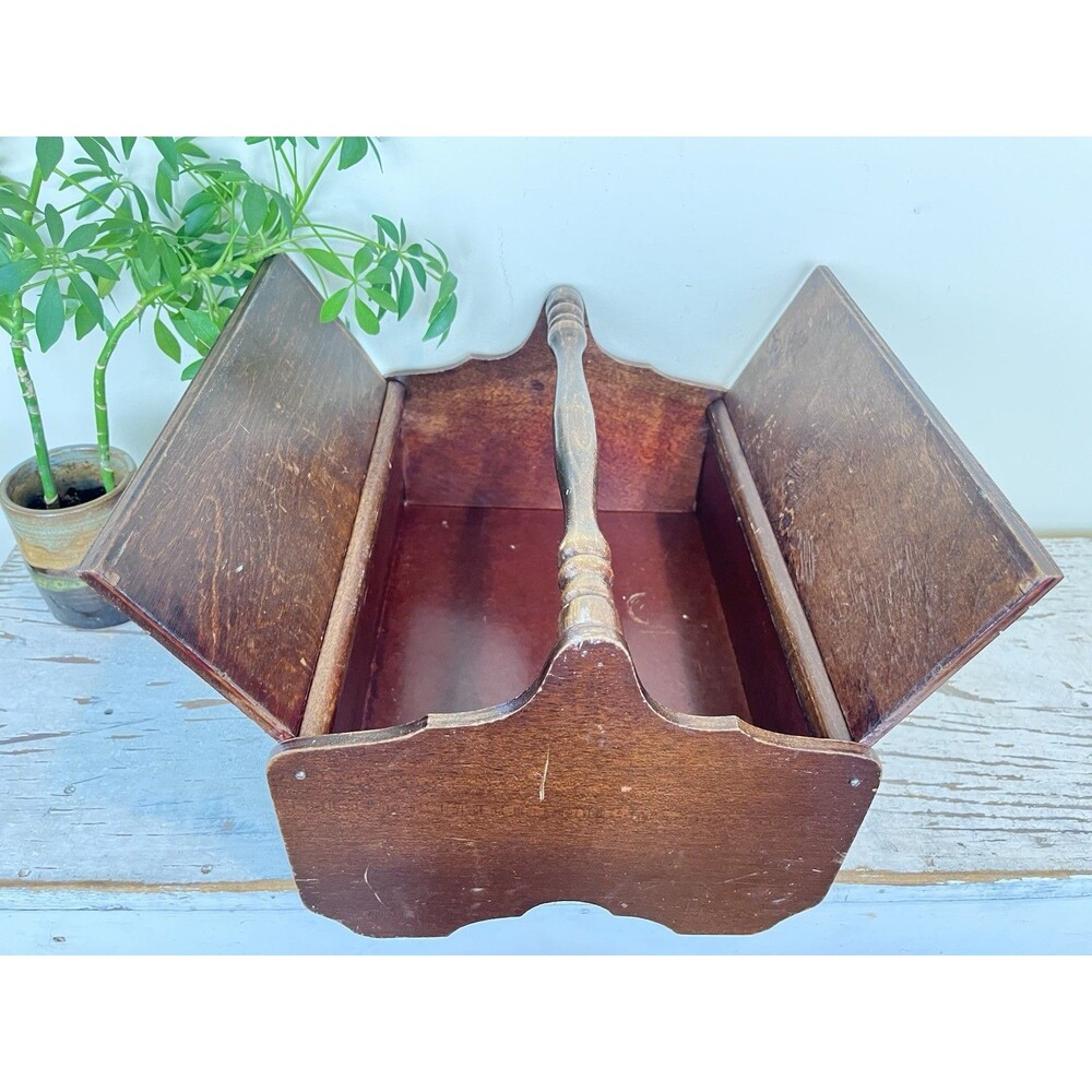 Vintage Rustic Wooden Double Lidded Primitive Sewing Box Caddy W/ Handle Cottage